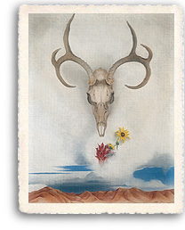 Georgia O'Keeffe's painting, Summer's Day contians elements which have become icons for her work, the floating skill over the desert with desert flowers floating over the mountains.